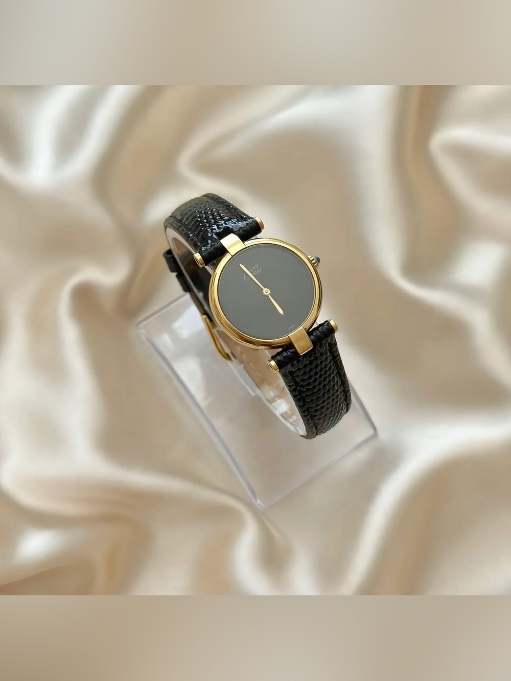 AUTHENTIC VINTAGE CARTIER BLACK LEATHER WATCH - WITH BOX - Picture 4 of 8